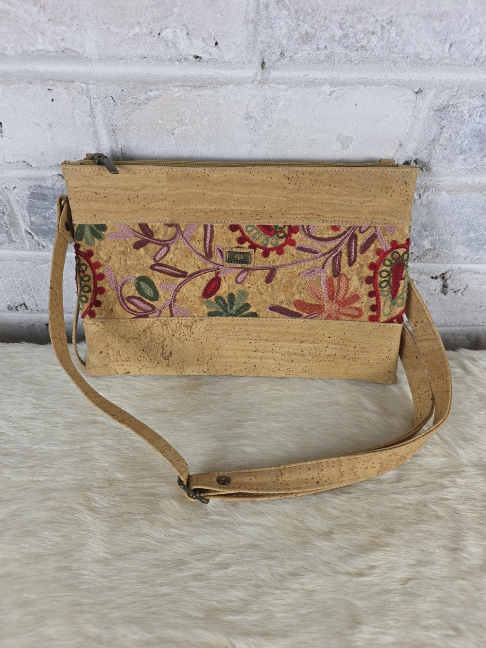 Embroidered Cork Crossbody Bag in Natural